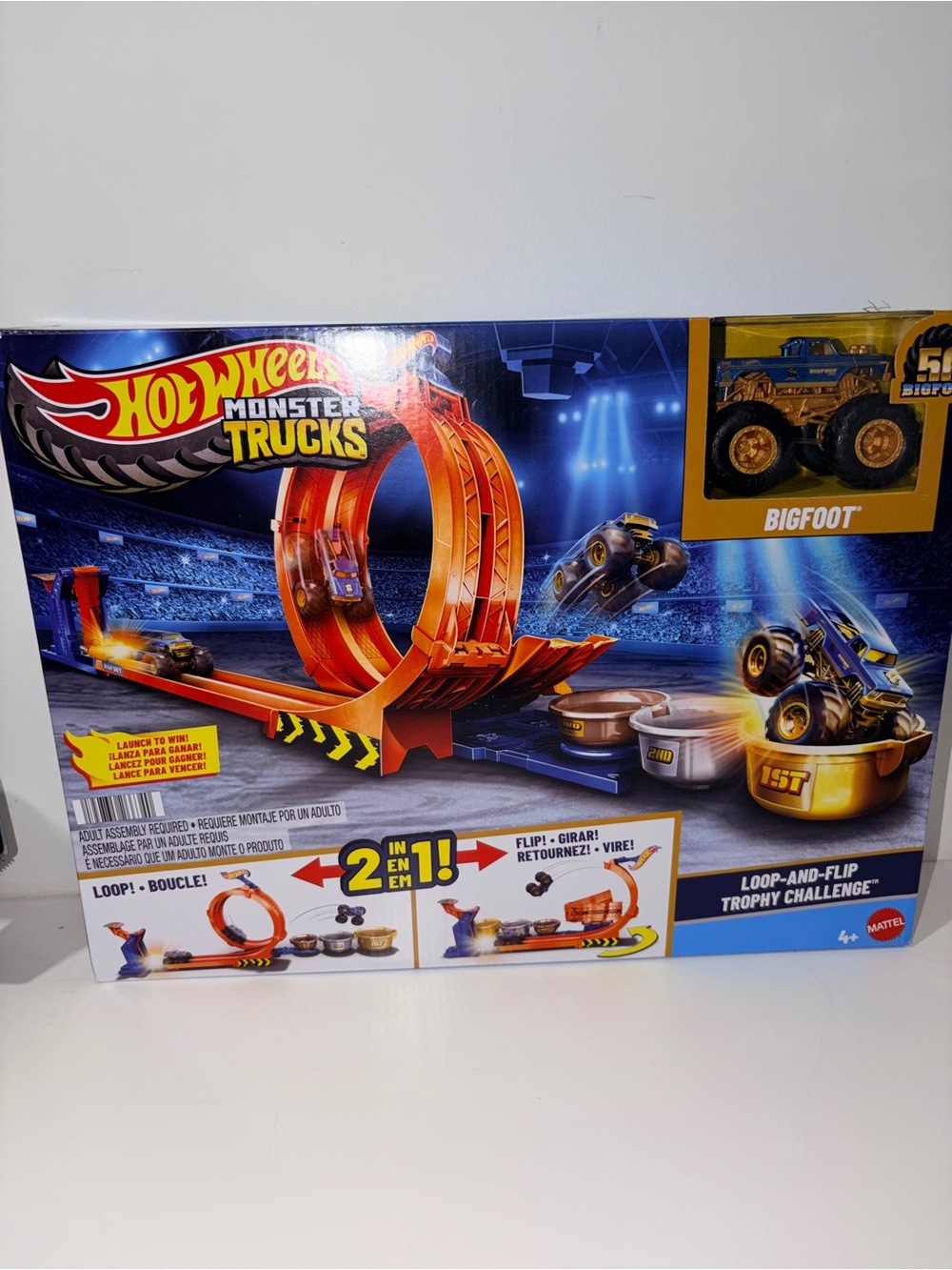 Hot Wheels Monster Trucks Toy Truck & Track Set, Loop-and-Flip Trophy Challenge